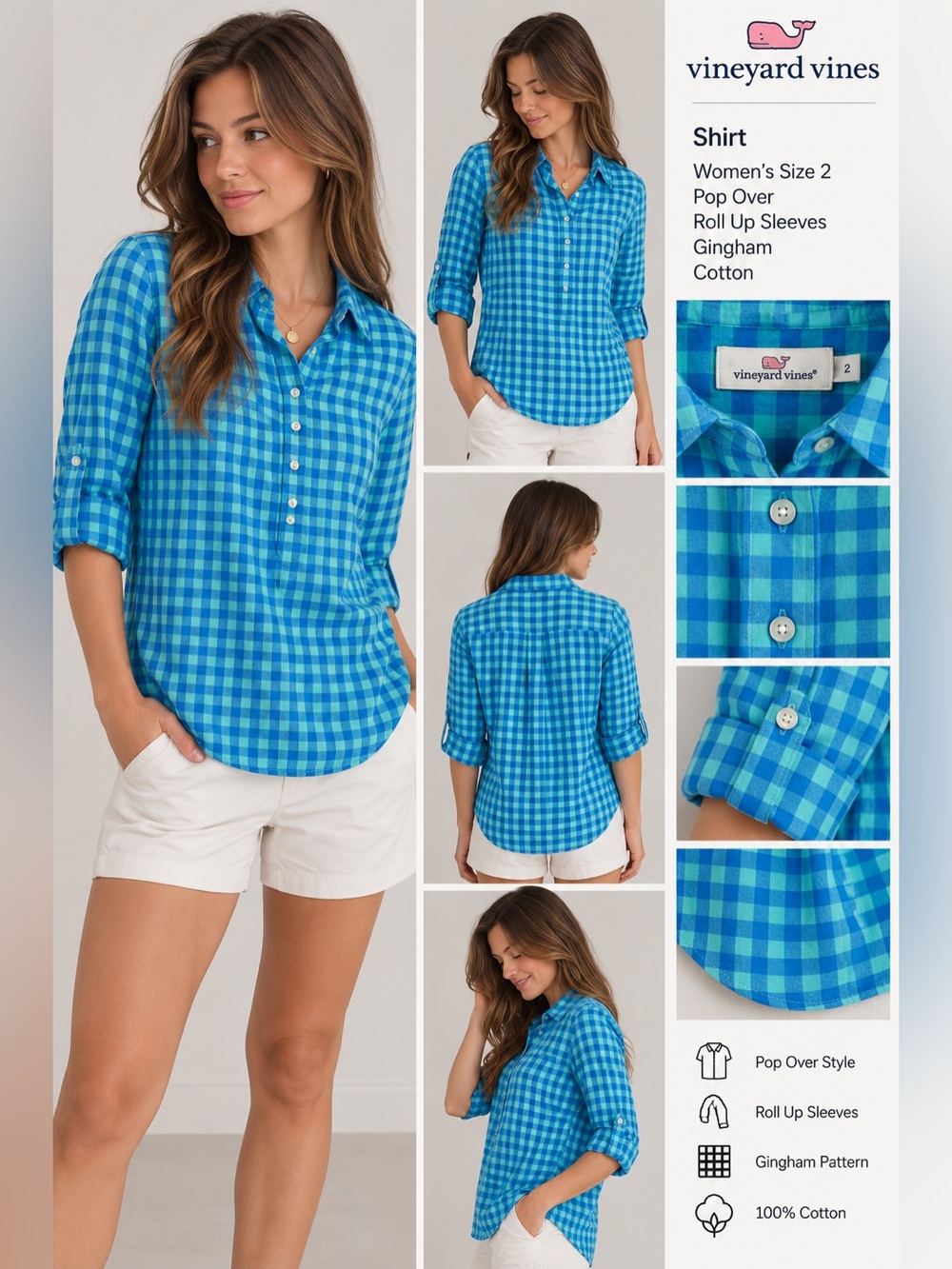 Vineyard vines Shirt Womens Size 2 pop over roll up sleeves gingham Cotton Top